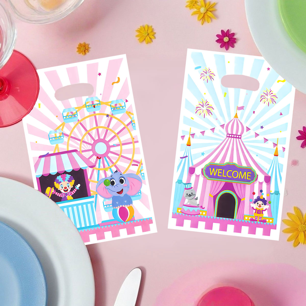 Wedding Party Supply Store - 20個/40個入りパーティーギフトバッグ、遊園地やサーカスをテーマにしたギフトバッグ、ピエロとゾウのデザインが特徴、誕生日、フェスティバル、パーティー、イベント、ギフト包装袋、パーティー記念品包装袋、イベントやパーティー用品、オフィスギフトに最適、持ち運びが簡単、保管も簡単。