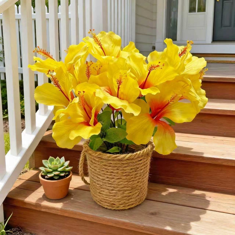 Centerpiece Vase Tall - 15本の花 = 3束のハイビスカス 春夏用造花、5つの花頭を持つ大きな赤いハイビスカス造花、家の装飾、リビングルームのフェイクフラワーアレンジメント、シルクフラワーブーケ、結婚式、屋内および屋外の装飾、春夏、母の日、卒業シーズン、DIYフラワーアレンジメント、墓地用造花装飾、花瓶は含まれません。