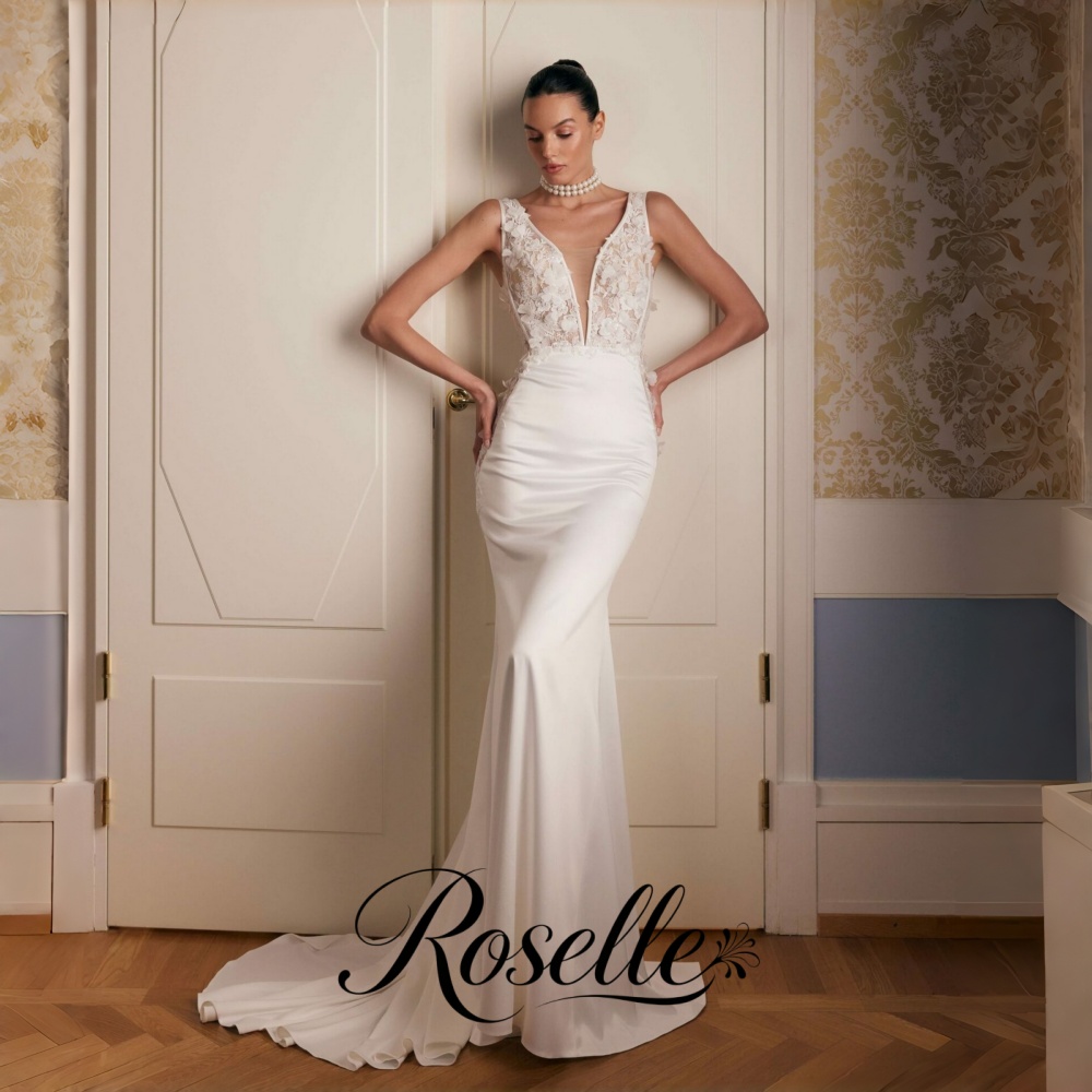 Wedding Qw - ROSELLE レース V ネックマーメイドウェディングドレスフラワーオープンバックノースリーブトレーン女性 2026 ブライダルドレスカスタマイズされた