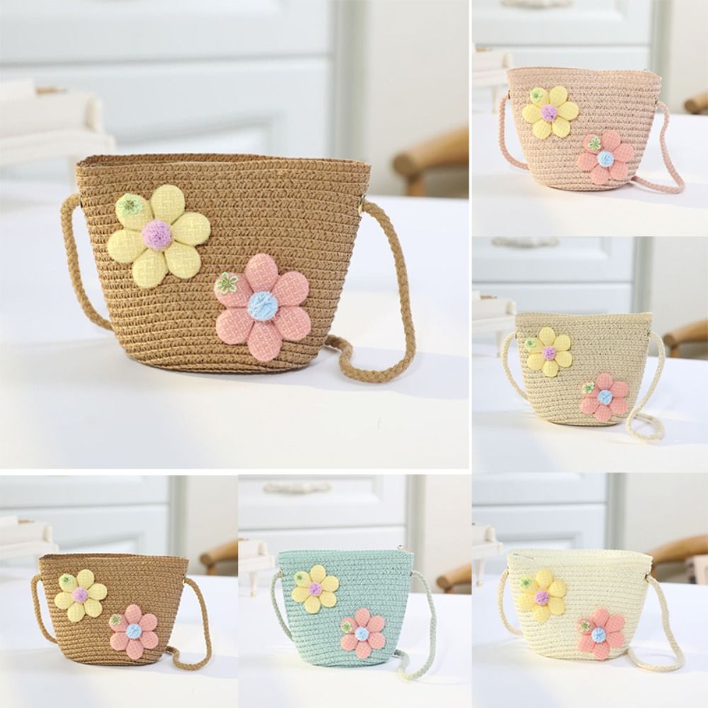 Flower Girl Basket - 手作り織りガールフラワーストローバッグジッパー小銭入れ子供メッセンジャーバッグ写真小道具収納バスケットクロスボディハンドバッグ