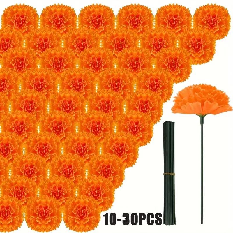 Indian Wedding Decor Supply - 10-30個入り フェイクカーネーション マリーゴールド ブルームズ フェスティバルデコレーション ハロウィン