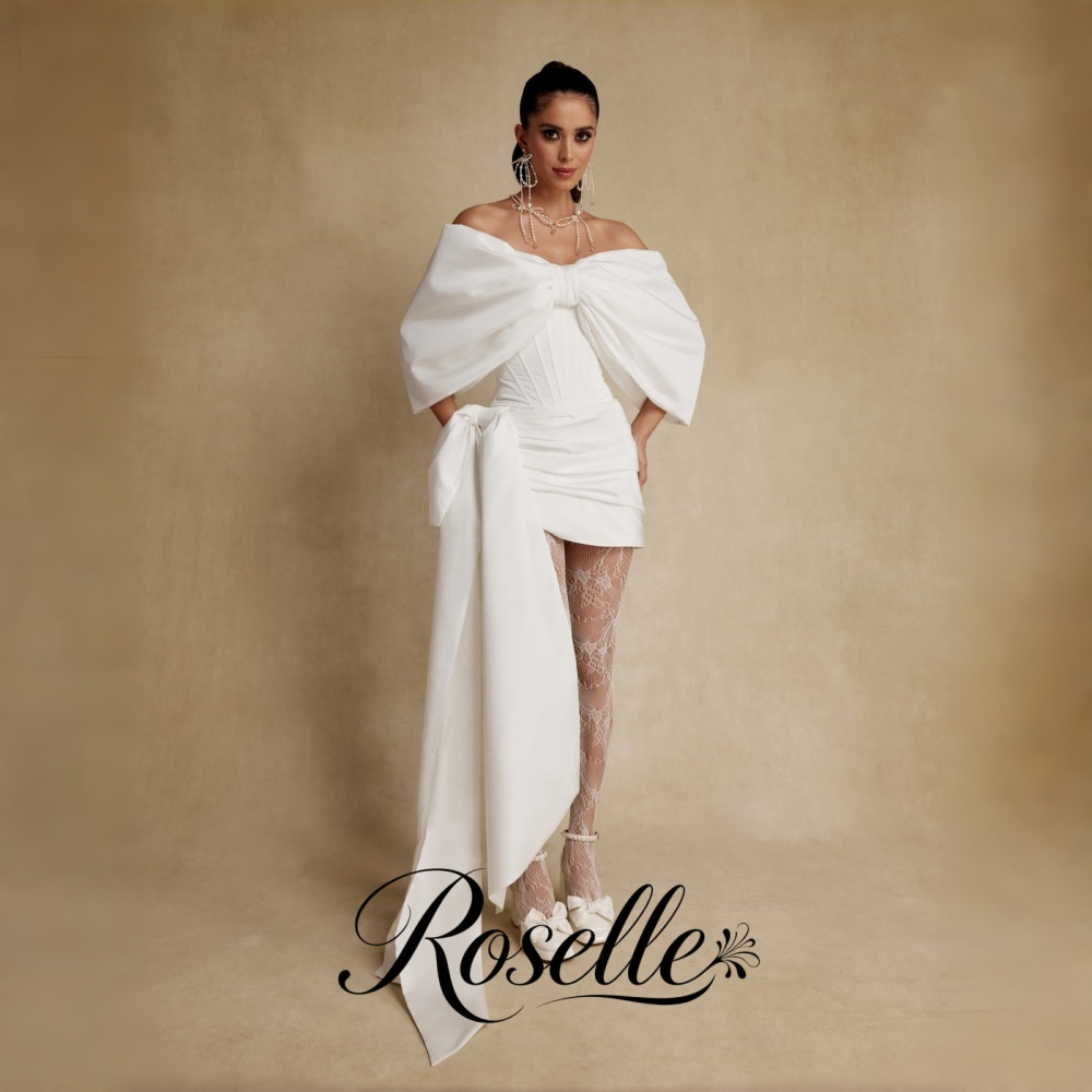 Wedding Qw - ROSELLE オフショルダーミニウェディングドレス ボウストラップレス レースアップ オープンバック 女性用