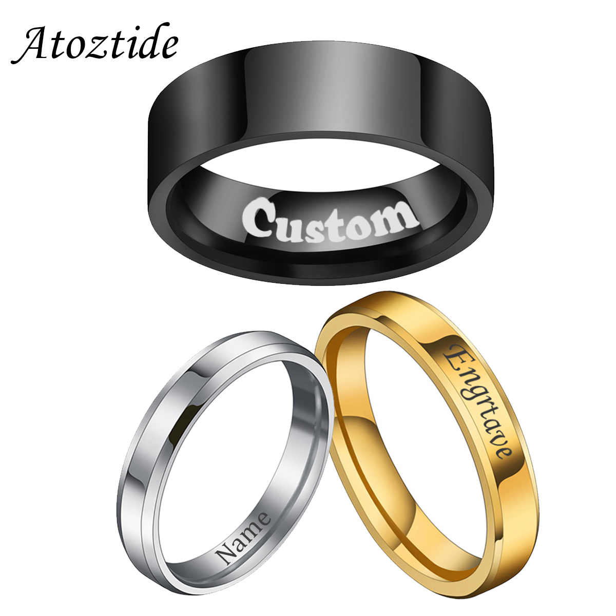 Wedding Zone - Atoztide 4/6/8ミリメートルパーソナライズ彫刻名日付リング女性ゴールドカラーステンレス鋼カスタムハートカップルの宝石類のギフト