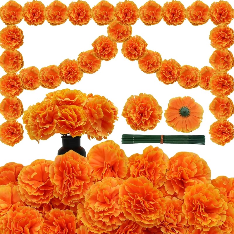 Indian Wedding Decor Supply - 10-30個入り シルクカーネーション マリーゴールドフラワーヘッド ハロウィン デイ・オブ・デッド メキシコ
