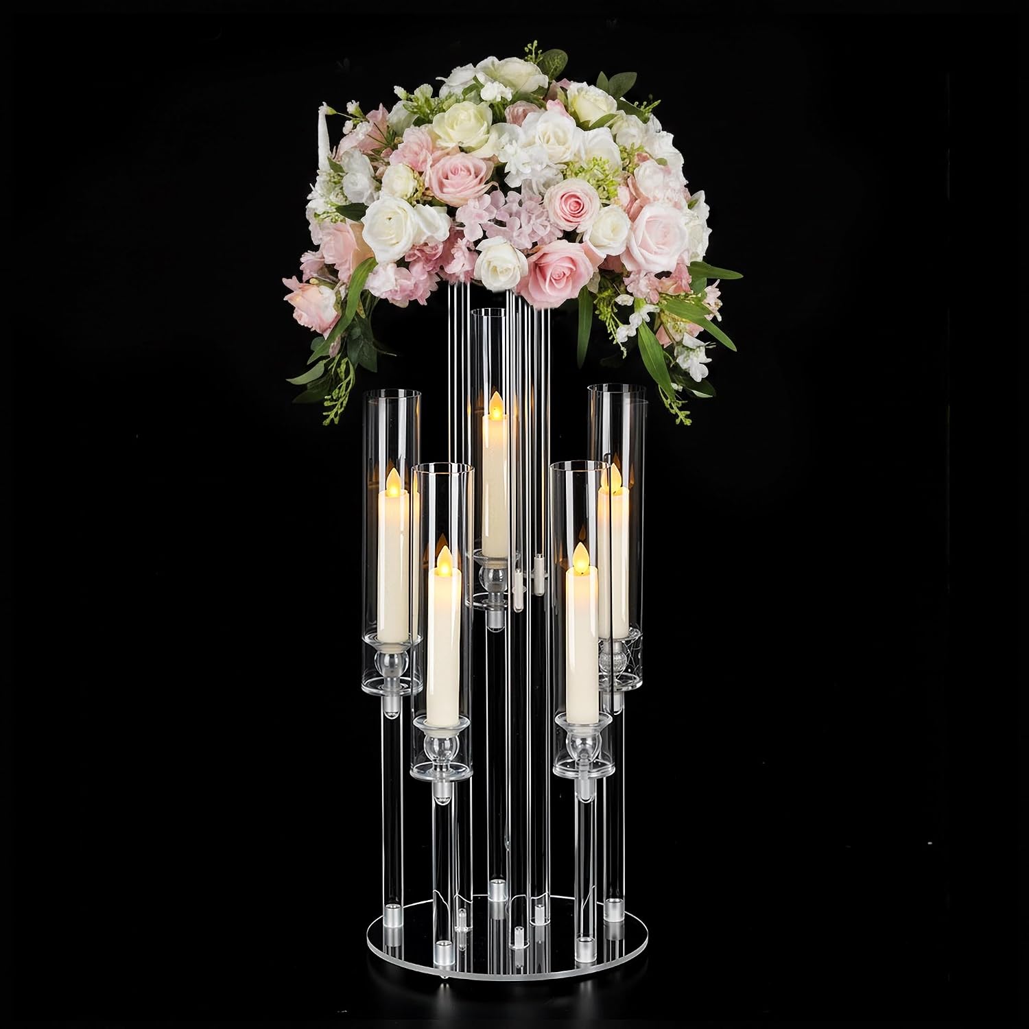 Centerpiece Vase Tall - クリアな5アームアクリル製燭台、フラワー スタンドとランプシェード付き、高さ23.6インチのキャンドルホルダー、結婚式のテーブルセンターピース用、LEDキャンドル対応、パーティー、宴会、誕生日、ホームイベント、クリスマスデコレーションに最適