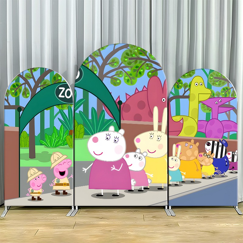 Wedding Zoo - 2Dフラットアーチ型背景幕カバー シングルレイヤー ノンストレッチ生地 ペッパピッグキャラクターと動物の友達が描かれた動物園テーマパーティー用