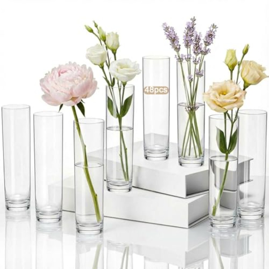 Centerpiece Vase Tall - 48個のアクリル製円筒形花瓶、結婚式のセンターピース用、透明なプラスチック製の背が高く細いバルク小型花瓶、一輪のバラ用、家庭用