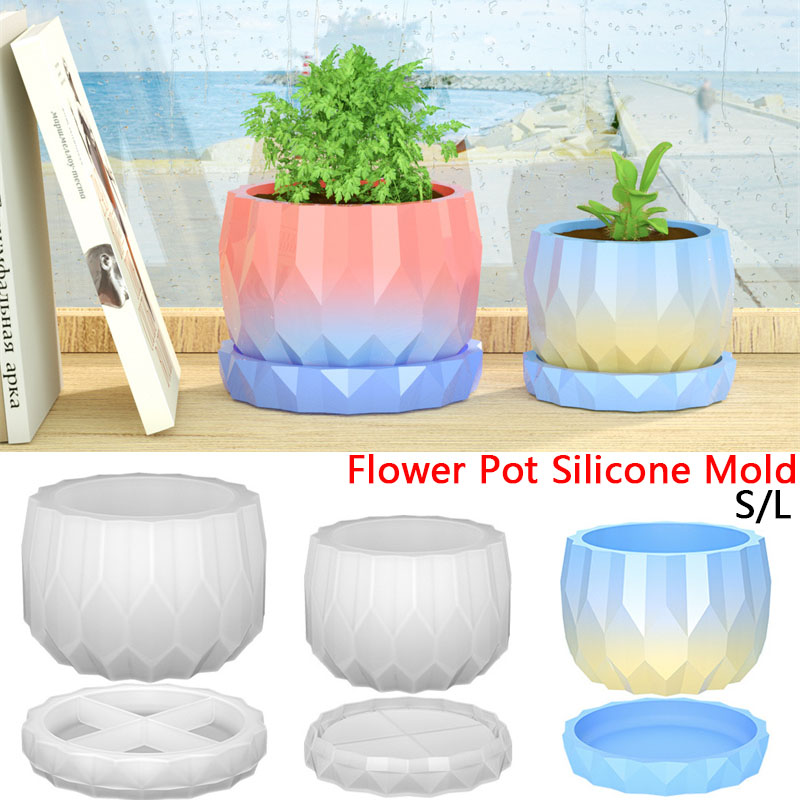 Flower Girl Basket - コンクリート植木鉢とソーサー用のシリコンプランター型,DIYダイヤモンド型,ファセット花瓶,庭の装飾,1セット