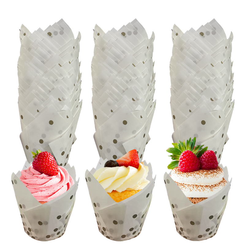 50個/100個 ゴールドドットチューリップケーキカップ、高 - Wedding Cake Supply のレビューと価格